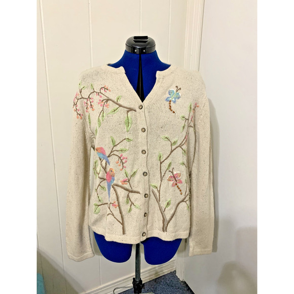 Crazy Horse-Liz Claiborne Silk Wool Embroidered Cardigan-Sz XL-Grandma-Retro - Picture 1 of 9